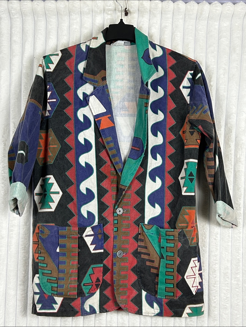 Vtg 90s Chico's Multicolor Geometric Tribal-Print oversized tapered Blazer S/M